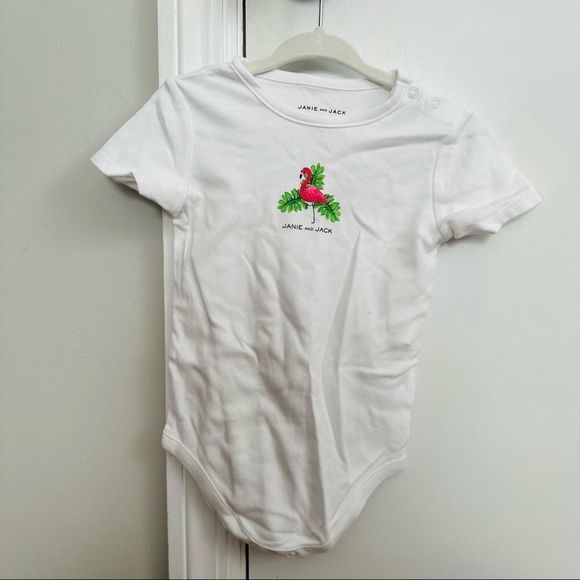 NWT Janie and Jack white short-sleeve bodysuit with flamingo print in front - Picture 2 of 5